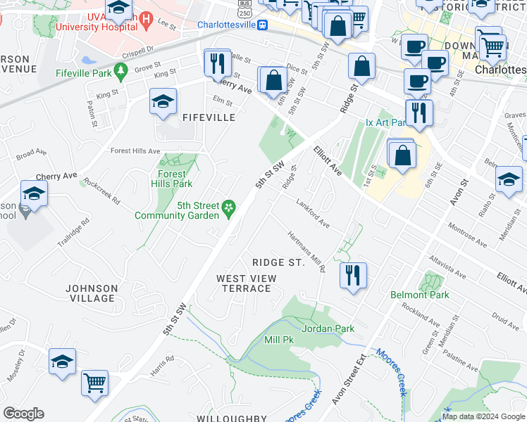 map of restaurants, bars, coffee shops, grocery stores, and more near 811 Ridge Street in Charlottesville
