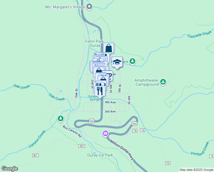 map of restaurants, bars, coffee shops, grocery stores, and more near 552 4th Street in Ouray