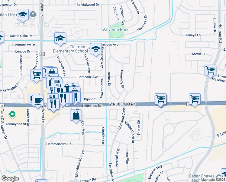 map of restaurants, bars, coffee shops, grocery stores, and more near 2325 Bernay Court in Stockton