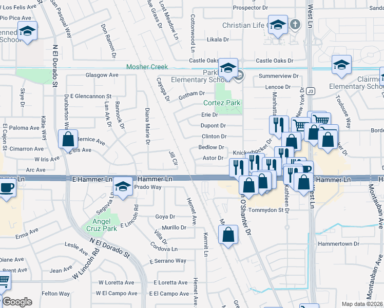 map of restaurants, bars, coffee shops, grocery stores, and more near 8019 Albany Drive in Stockton