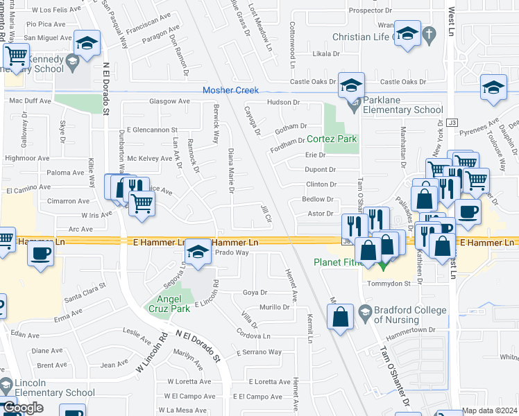 map of restaurants, bars, coffee shops, grocery stores, and more near 408 Jill Circle in Stockton