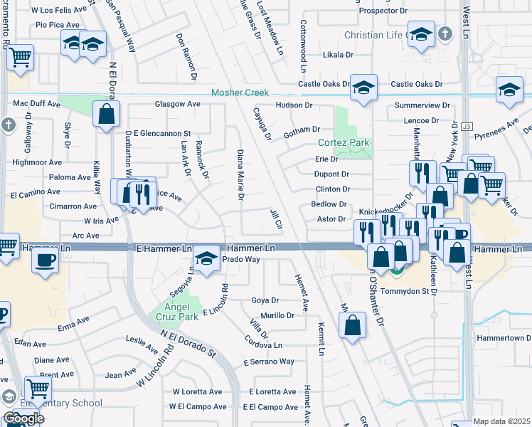 map of restaurants, bars, coffee shops, grocery stores, and more near 408 Jill Circle in Stockton