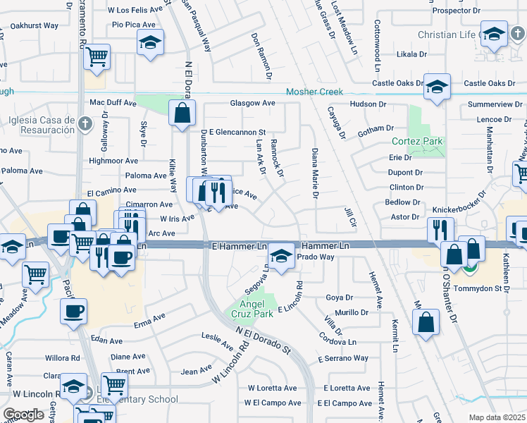 map of restaurants, bars, coffee shops, grocery stores, and more near 263 East Iris Avenue in Stockton