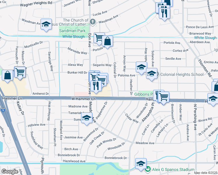 map of restaurants, bars, coffee shops, grocery stores, and more near 7931 Arguello Drive in Stockton