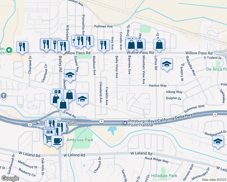 map of restaurants, bars, coffee shops, grocery stores, and more near 265 Franklin Avenue in Bay Point