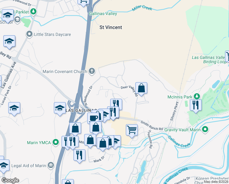 map of restaurants, bars, coffee shops, grocery stores, and more near 1020 Cresta Way in San Rafael
