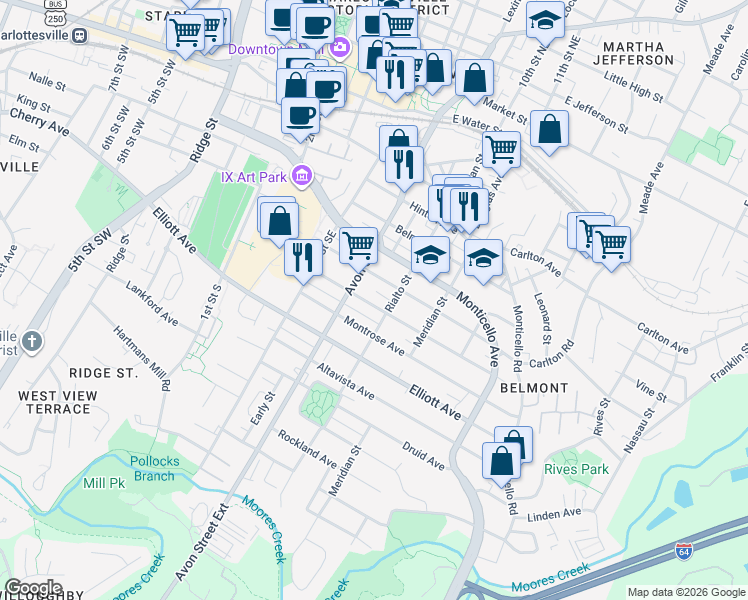 map of restaurants, bars, coffee shops, grocery stores, and more near 815-817 Blenheim Avenue in Charlottesville