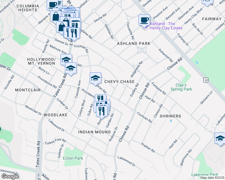 map of restaurants, bars, coffee shops, grocery stores, and more near 175 Romany Road in Lexington