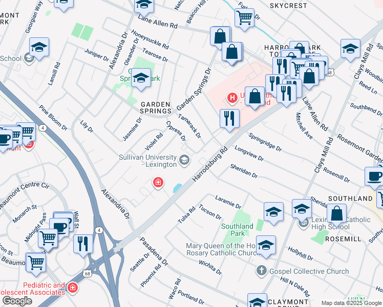 map of restaurants, bars, coffee shops, grocery stores, and more near 2355 Harrodsburg Road in Lexington