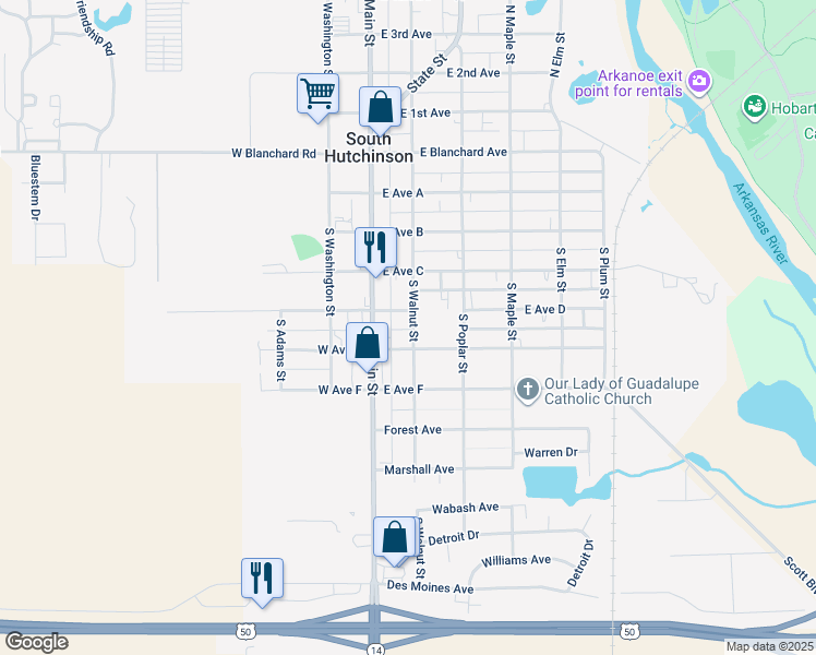 map of restaurants, bars, coffee shops, grocery stores, and more near 16 West Avenue East in South Hutchinson