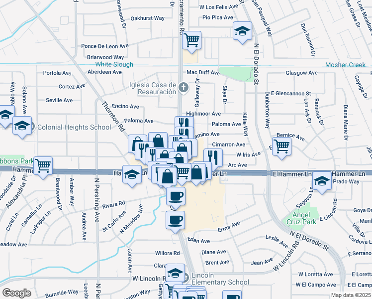 map of restaurants, bars, coffee shops, grocery stores, and more near 7920 North Lower Sacramento Road in Stockton