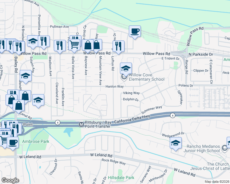 map of restaurants, bars, coffee shops, grocery stores, and more near 120 Viking Way in Pittsburg