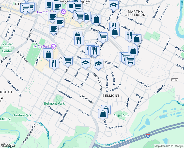 map of restaurants, bars, coffee shops, grocery stores, and more near 908 Monticello Avenue in Charlottesville