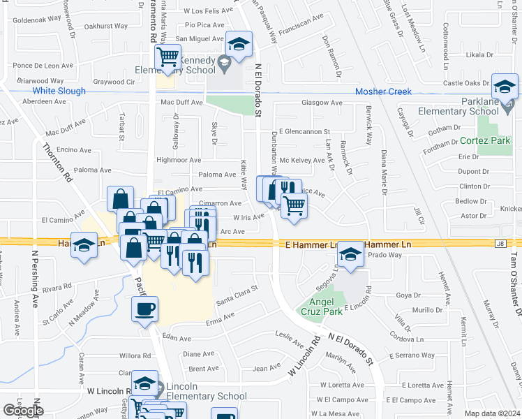 map of restaurants, bars, coffee shops, grocery stores, and more near 8037 North El Dorado Street in Stockton