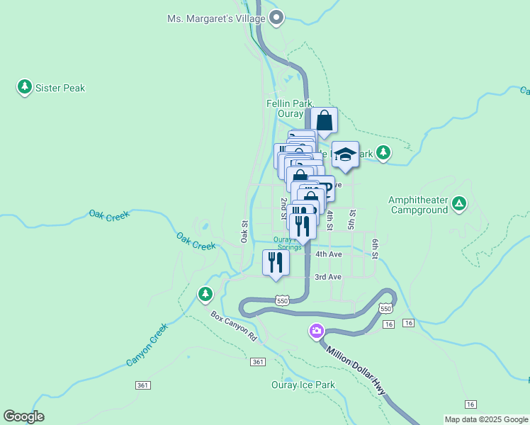 map of restaurants, bars, coffee shops, grocery stores, and more near 101 Skyline Drive in Ridgway
