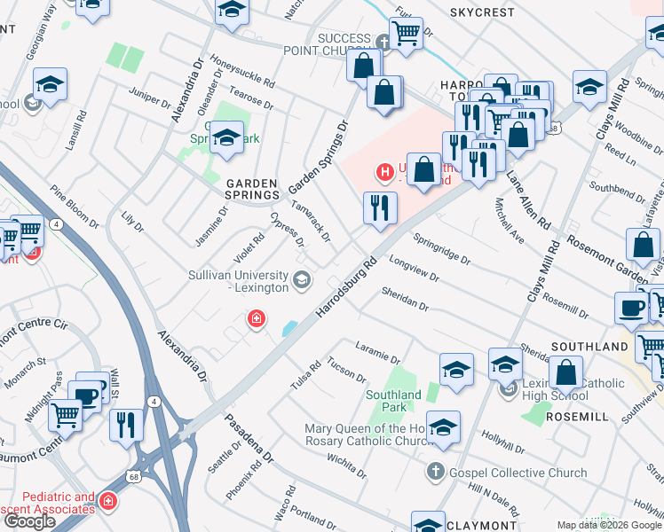 map of restaurants, bars, coffee shops, grocery stores, and more near 2177 Cypress Drive in Lexington