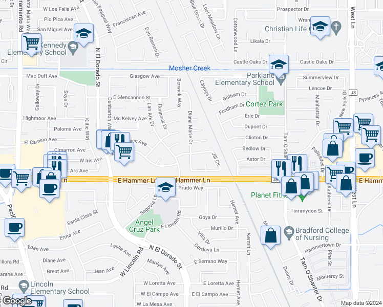 map of restaurants, bars, coffee shops, grocery stores, and more near 338 Jill Circle in Stockton