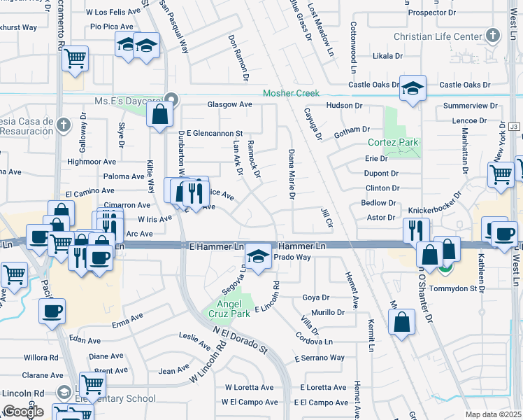 map of restaurants, bars, coffee shops, grocery stores, and more near 263 East Iris Avenue in Stockton