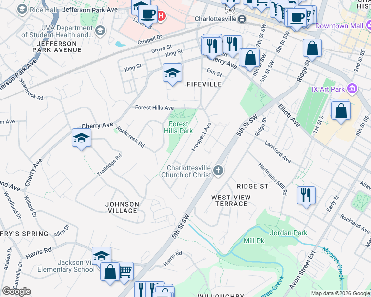 map of restaurants, bars, coffee shops, grocery stores, and more near 767 Prospect Avenue in Charlottesville