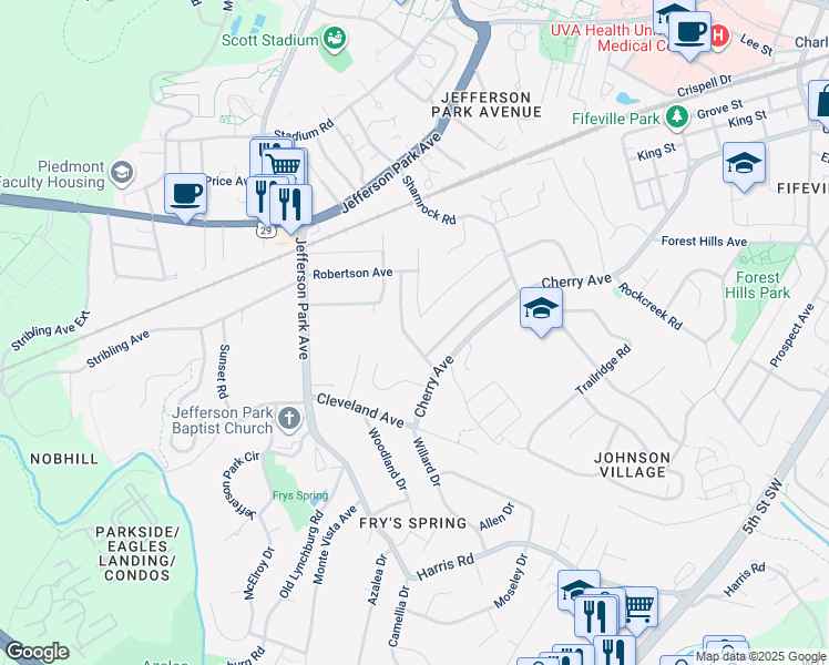 map of restaurants, bars, coffee shops, grocery stores, and more near 1655 Mulberry Avenue in Charlottesville