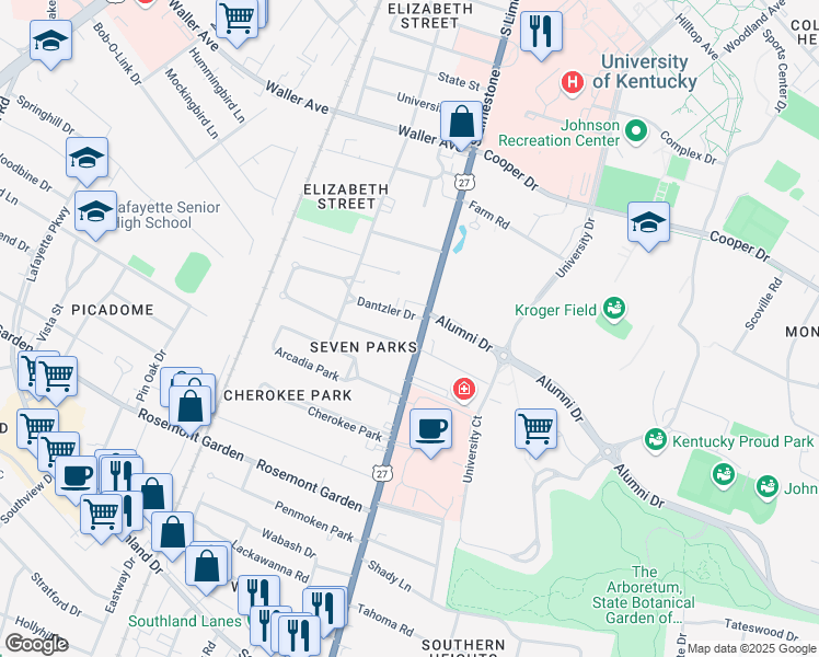 map of restaurants, bars, coffee shops, grocery stores, and more near 1610 Nicholasville Road in Lexington