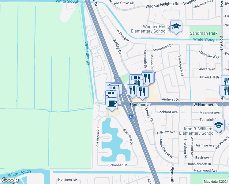 map of restaurants, bars, coffee shops, grocery stores, and more near 8090 Mariners Drive in Stockton