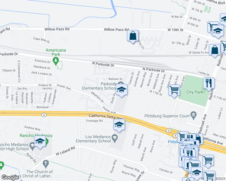 map of restaurants, bars, coffee shops, grocery stores, and more near 340 Jorgensen Drive in Pittsburg