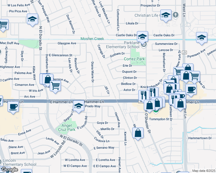 map of restaurants, bars, coffee shops, grocery stores, and more near 391 Jill Circle in Stockton
