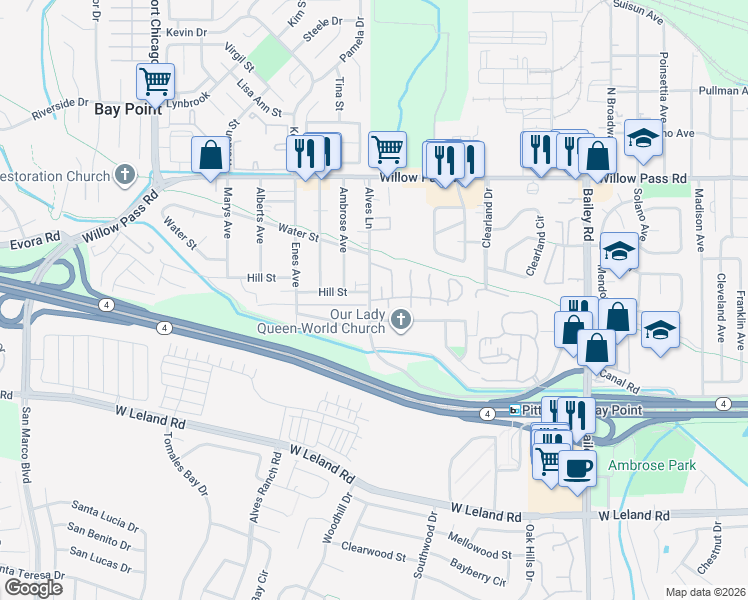 map of restaurants, bars, coffee shops, grocery stores, and more near 238 Alves Lane in Bay Point
