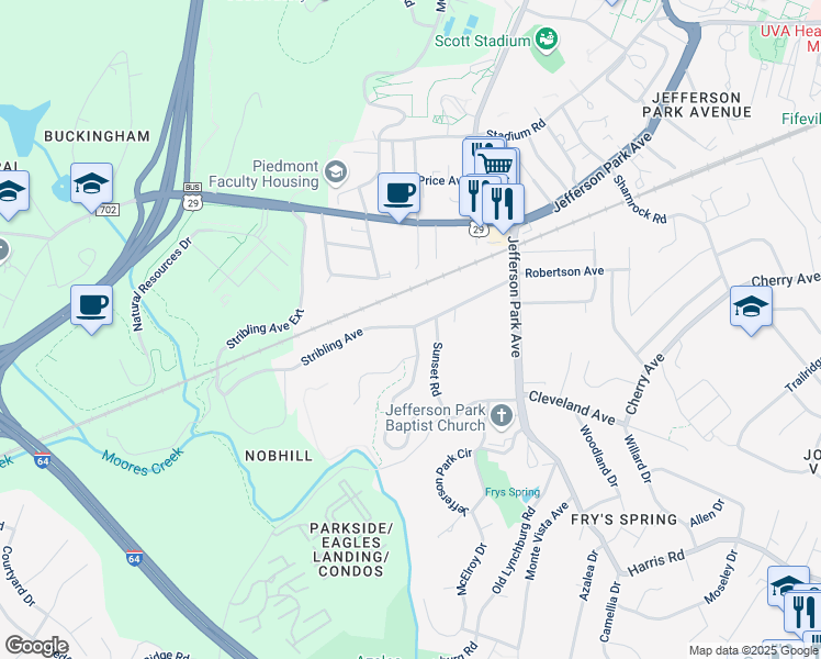 map of restaurants, bars, coffee shops, grocery stores, and more near 200B Stribling Avenue in Charlottesville