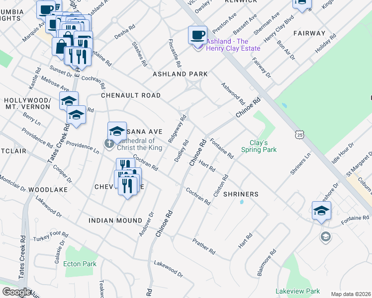 map of restaurants, bars, coffee shops, grocery stores, and more near 404 Dudley Road in Lexington