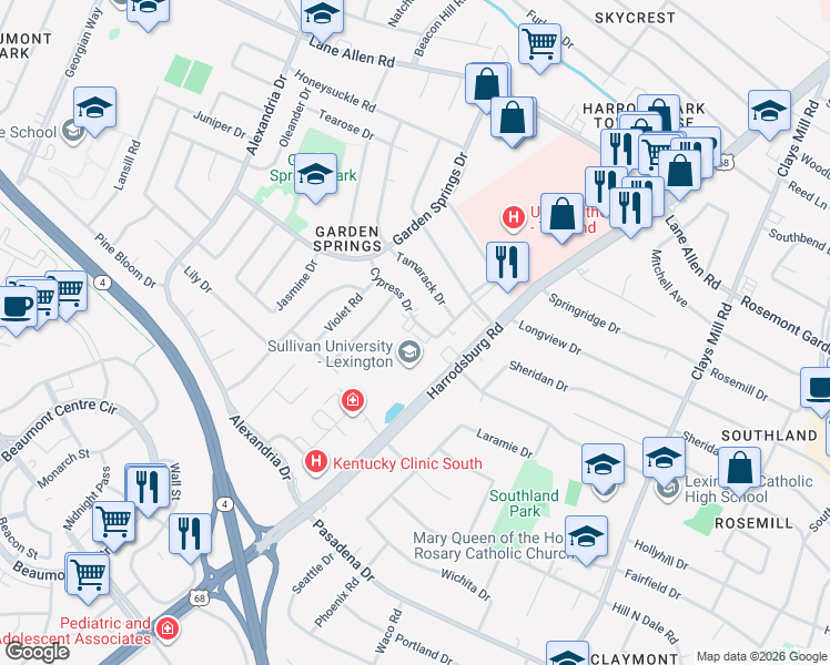 map of restaurants, bars, coffee shops, grocery stores, and more near 2355 Harrodsburg Road in Lexington