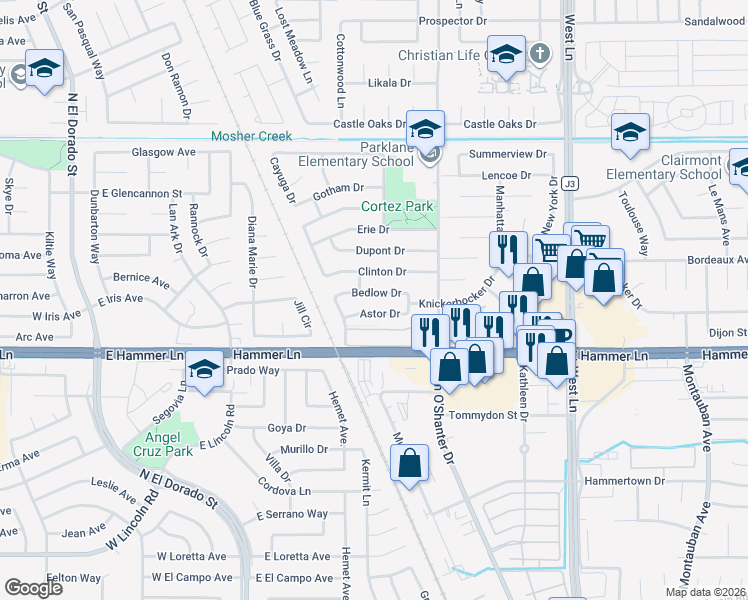 map of restaurants, bars, coffee shops, grocery stores, and more near 710 Astor Drive in Stockton