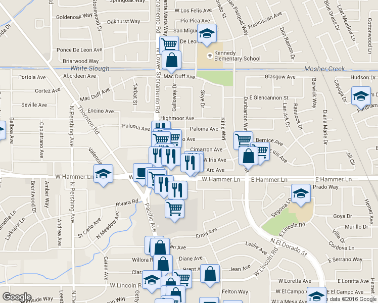 map of restaurants, bars, coffee shops, grocery stores, and more near 622 West Iris Avenue in Stockton