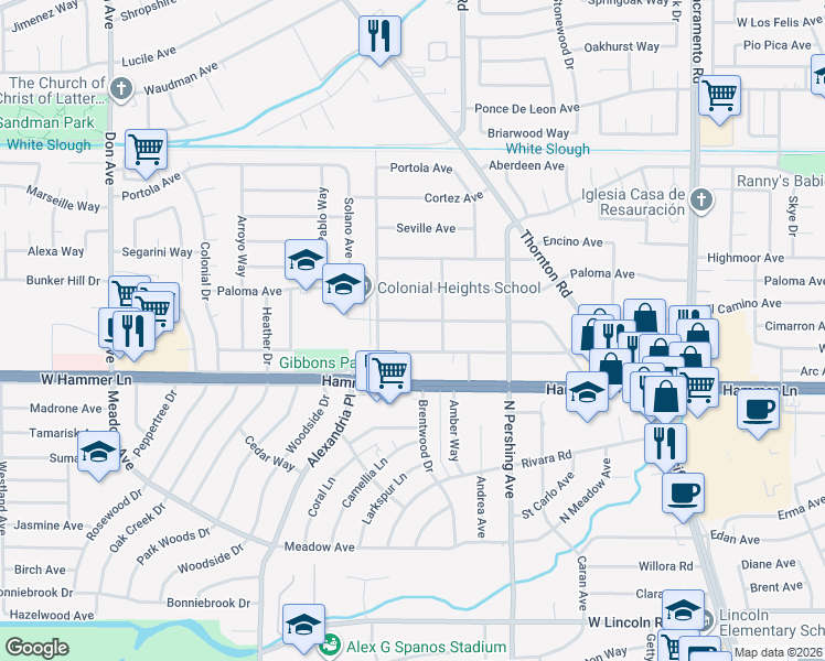 map of restaurants, bars, coffee shops, grocery stores, and more near 1636 El Camino Avenue in Stockton