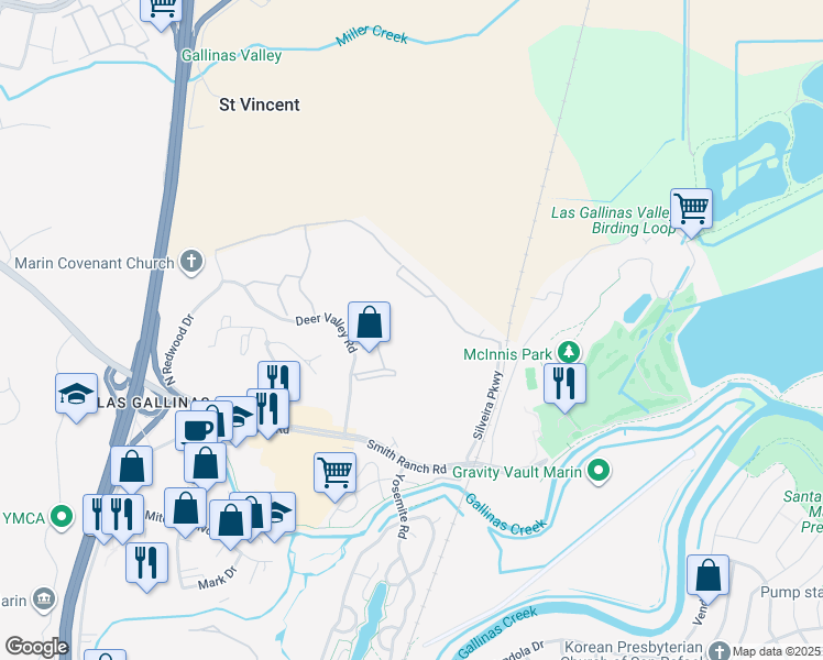 map of restaurants, bars, coffee shops, grocery stores, and more near 2500 Deer Valley Road in San Rafael