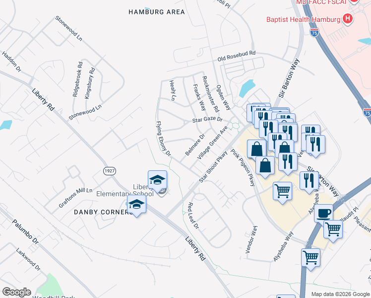 map of restaurants, bars, coffee shops, grocery stores, and more near 904 Belmere Drive in Lexington