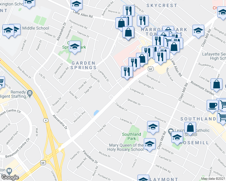 map of restaurants, bars, coffee shops, grocery stores, and more near 2339 Harrodsburg Road in Lexington