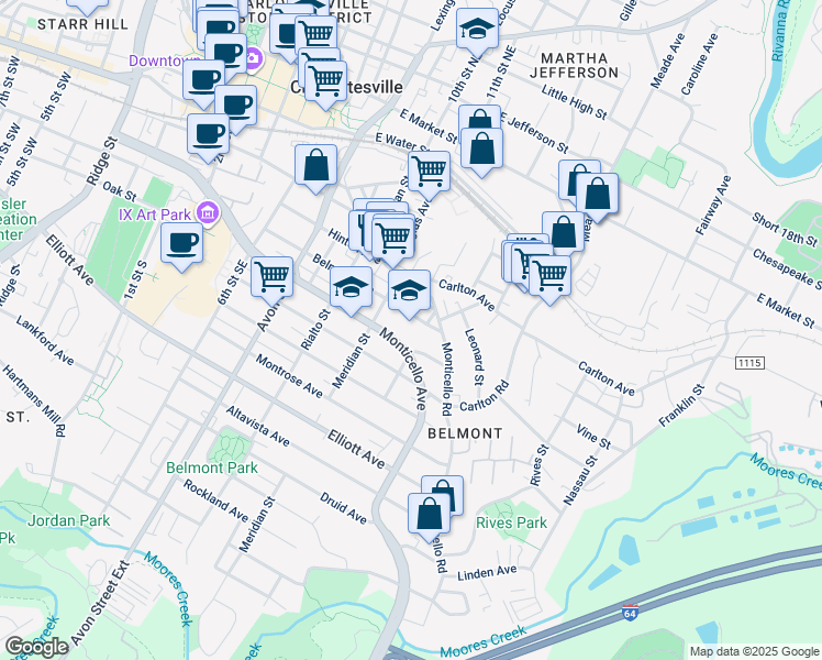 map of restaurants, bars, coffee shops, grocery stores, and more near 1000 Belmont Avenue in Charlottesville