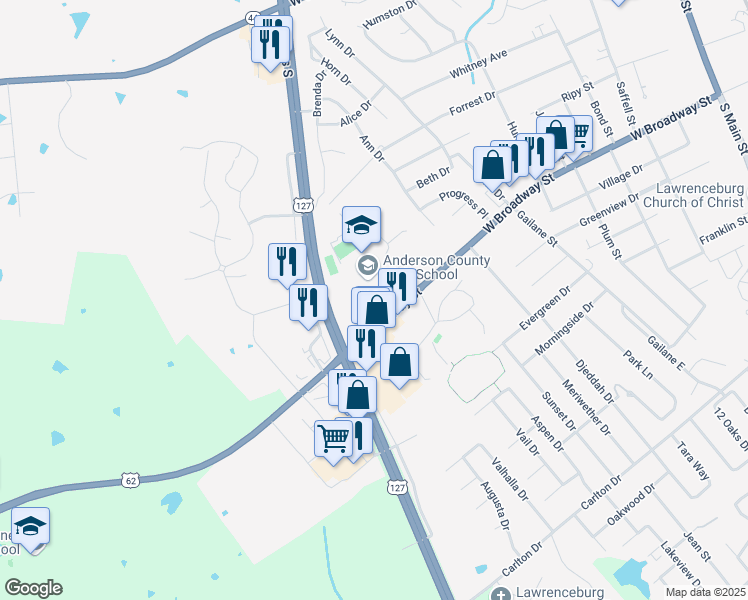 map of restaurants, bars, coffee shops, grocery stores, and more near Bearcat Drive in Lawrenceburg