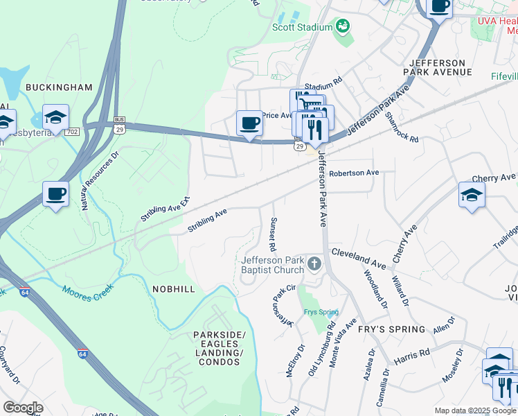 map of restaurants, bars, coffee shops, grocery stores, and more near 152 Stribling Avenue in Charlottesville
