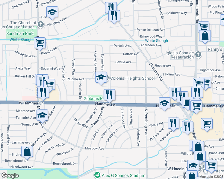 map of restaurants, bars, coffee shops, grocery stores, and more near 1747 El Camino Avenue in Stockton