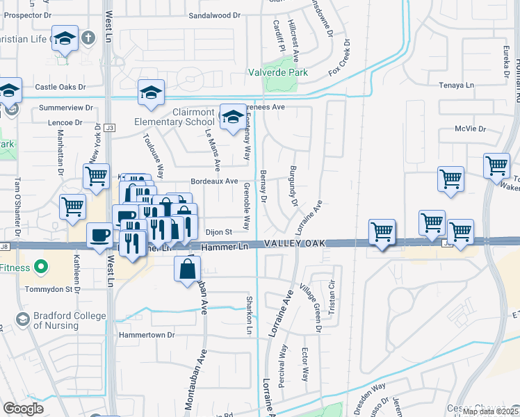 map of restaurants, bars, coffee shops, grocery stores, and more near 8055 Bernay Drive in Stockton