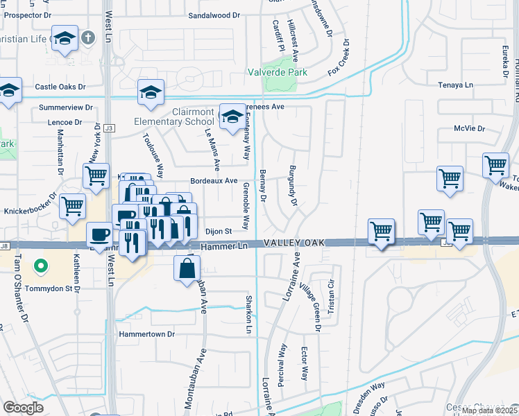 map of restaurants, bars, coffee shops, grocery stores, and more near 8055 Bernay Drive in Stockton