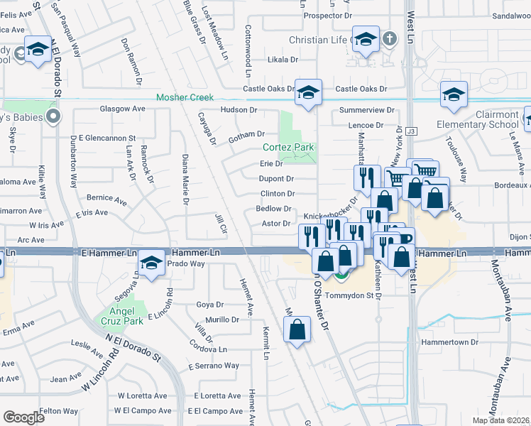 map of restaurants, bars, coffee shops, grocery stores, and more near 706 Bedlow Drive in Stockton