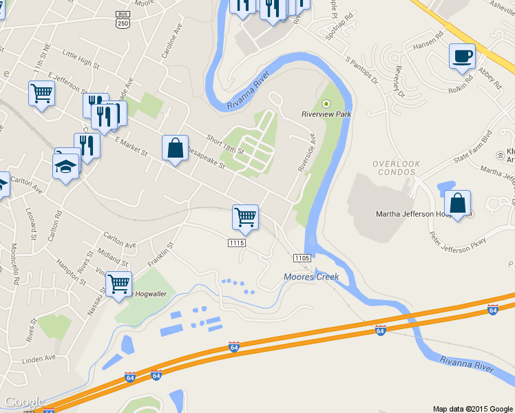 map of restaurants, bars, coffee shops, grocery stores, and more near 1719 East Market Street in Charlottesville