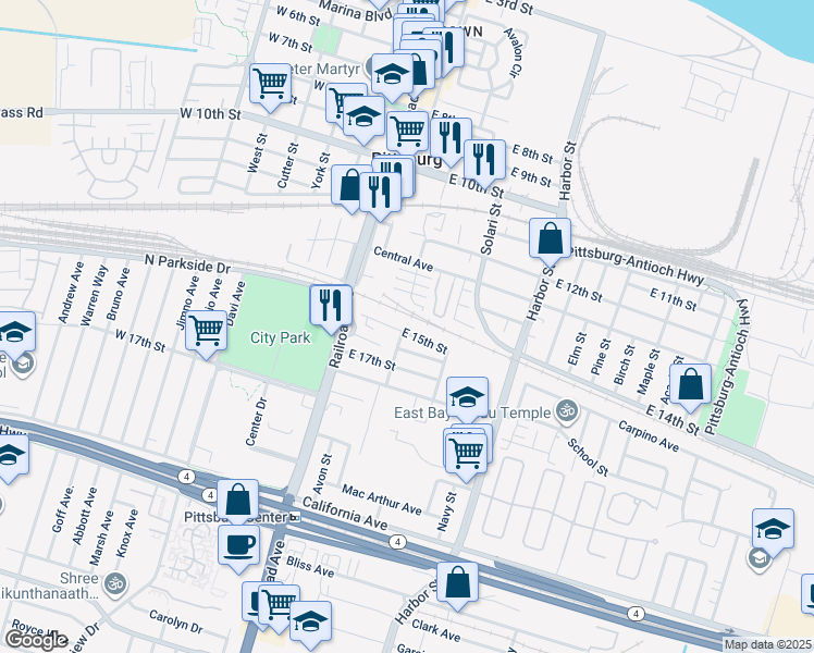 map of restaurants, bars, coffee shops, grocery stores, and more near 213 East 15th Street in Pittsburg