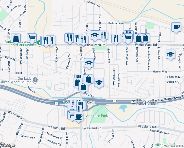 map of restaurants, bars, coffee shops, grocery stores, and more near 308 Klamath Street in Bay Point