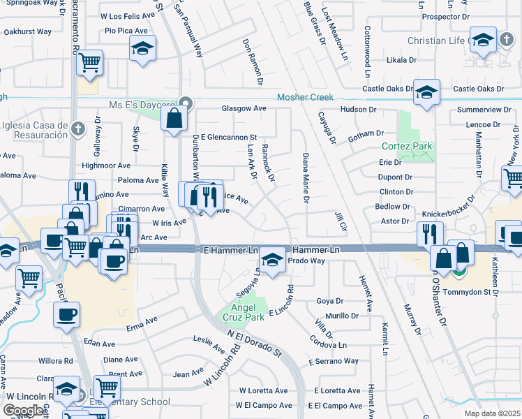 map of restaurants, bars, coffee shops, grocery stores, and more near 8032 Lan Ark Drive in Stockton