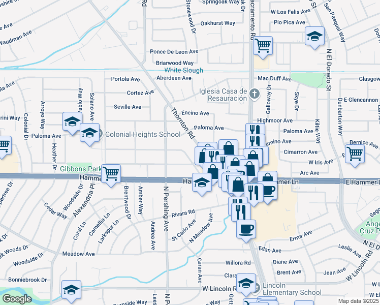 map of restaurants, bars, coffee shops, grocery stores, and more near 8124 Thornton Road in Stockton